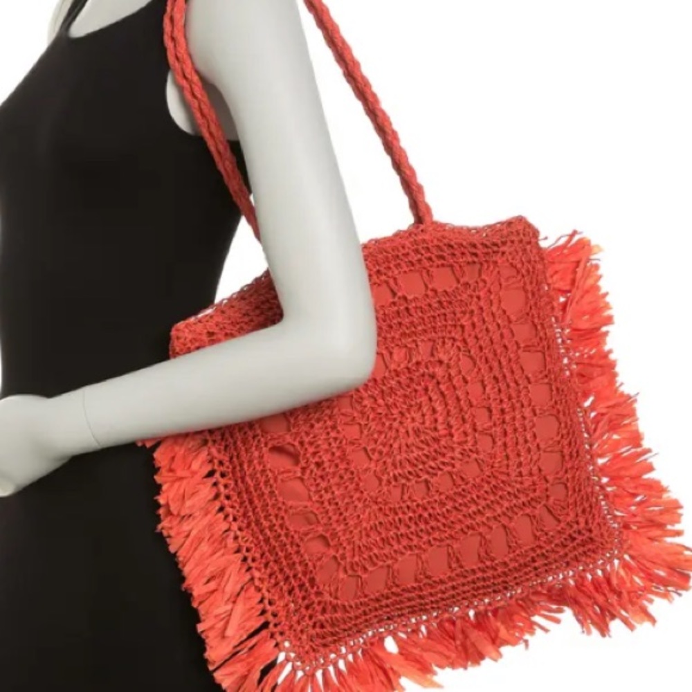 Most Wanted USA Seagrass Large Woven Tote Orange Red Beach Summer 14”x13”